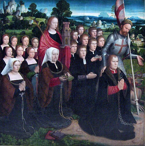 Diptyque : panneau à gauche. Les Donateurs et leurs Enfants Protégés par Saint George et Sainte Barb, 1520, Adriaen Isenbrant