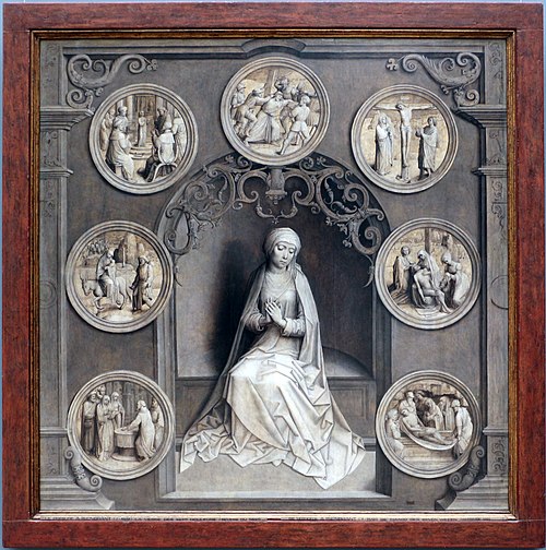 Volet gauche du diptyque de la Vierge des Sept Douleurs de l'église Notre-Dame de Bruges. Revers : L, 1521, Adriaen Isenbrant