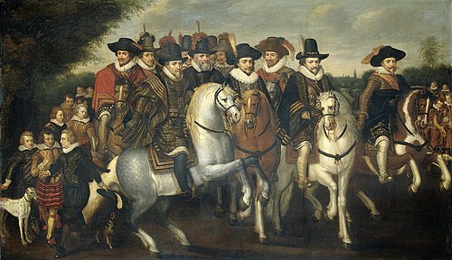 Prince Maurits accompagné de ses deux frères, Frédéric V, électeur du Palatinat, et des comtes de Na, 1625, Adriaen Pietersz van de Venne