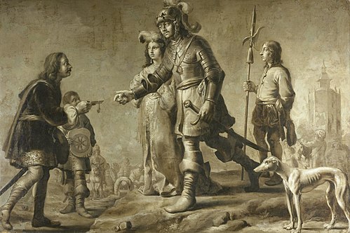 Boudewijn van Heusden (?-870) and his wife Sophia receiving homage from the legate of King Edmund, 1626, Adriaen Pietersz van de Venne
