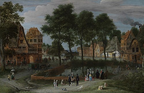 View of a village with visitors from the city, 1614, Adriaen van Stalbemt