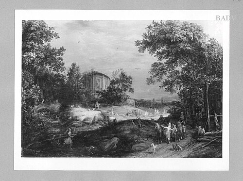 landscape with temple, inn and figures, 1601, Adriaen van Stalbemt