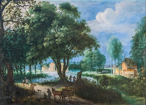 Wooded landscape with traveller on a road and buildings beyond, 1628, Adriaen van Stalbemt