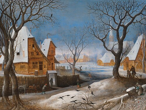 Winter landscape, with figures in a village, 1650, Adriaen van Stalbemt