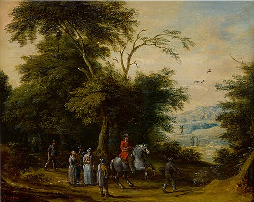 Wooded landscape with a cavalryman and other figures in the foreground, 1650, Adriaen van Stalbemt