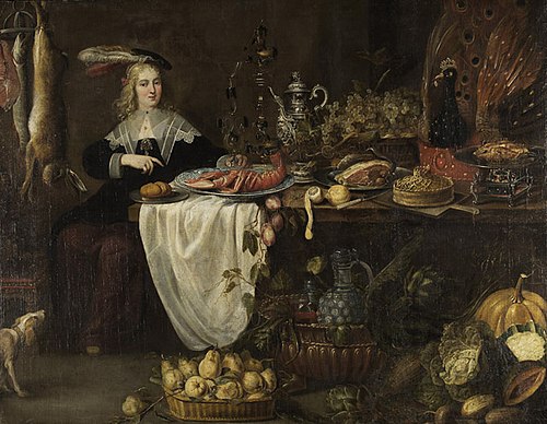 Young woman sitting at a laden table in a larder, 1630, Adriaen van Utrecht