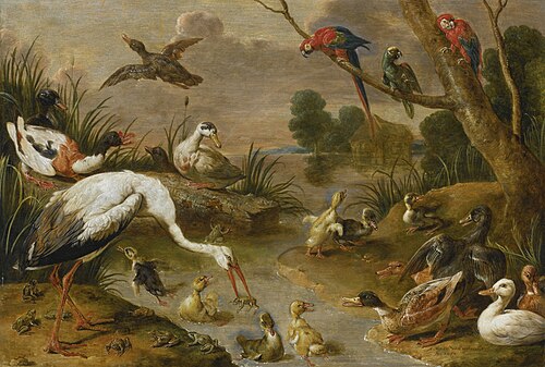 Birds, including ducks, parrots and a heron, in an extensive landscape, 1650, Adriaen van Utrecht