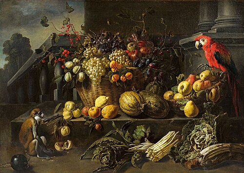 Still life with fruits, vegetables, a monkey and a parrot in a garden, 1646, Adriaen van Utrecht