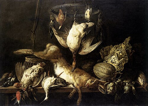 Still-Life with Hare and Birds on a Ring, 1646, Adriaen van Utrecht