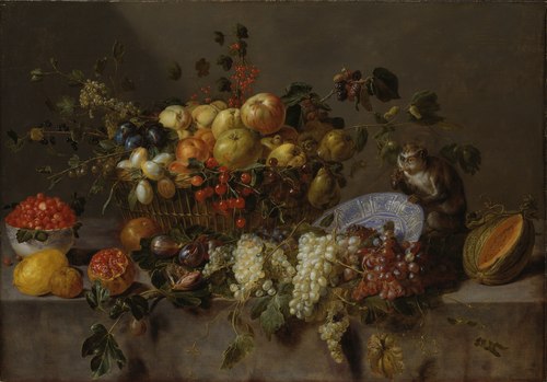 Still Life with Fruit and a Monkey eating Grapes, 1635, Adriaen van Utrecht