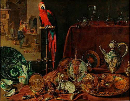 Still life with parrot, an allegory of fire, 1636, Adriaen van Utrecht