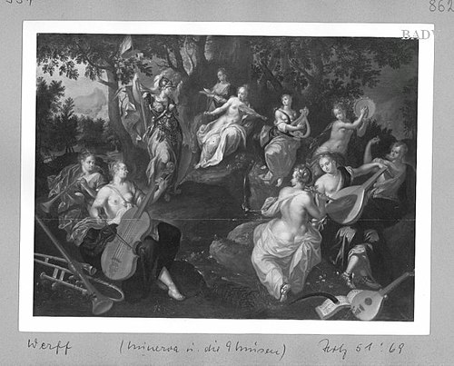 Standing woman with casquet (Athene?) and female figure playing music in scenery, 1684, Adriaen van der Werff
