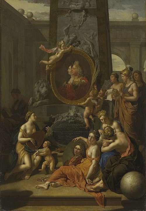 The Arts, represented by the royal couple Johann Wilhelm von der Pfalz and Maria Anna Louisa de' Med, 1716, Adriaen van der Werff