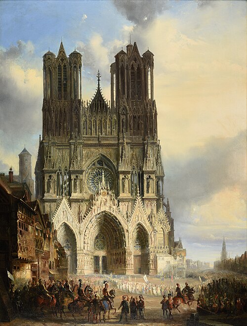 La façade de la Cathédrale de Reims avec une procession médiévale et un cortège au premier plan, 1831, David Roberts