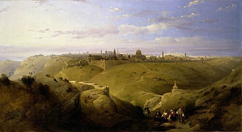 Jerusalem from the Mount of Olives with Pilgrims Entering from the River Jordan, 1842, David Roberts