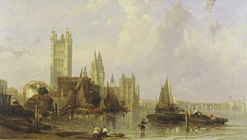 The Houses of Parliament from Millbank, London, 1861, David Roberts