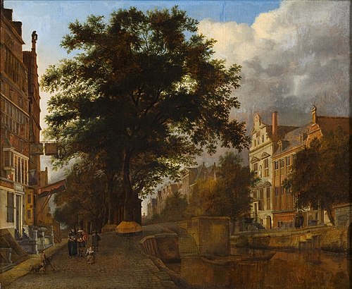 Gefantaseerd Amsterdams stadsgezicht met gracht, , Jan van der Heyden