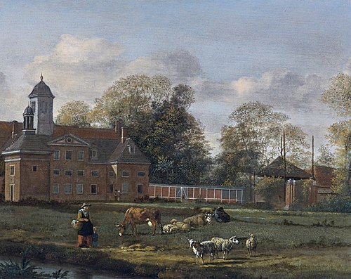 View of Goudestein with a Woman and Child walking beside a Dyke, 1665, Jan van der Heyden