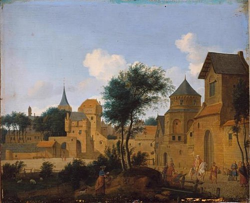 Outside a Medieval Town, Mordecai Riding in State, 1670, Jan van der Heyden