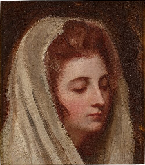 Emma Hamilton (1765–1815) wearing a white cowl with eyes averted, 1784, George Romney