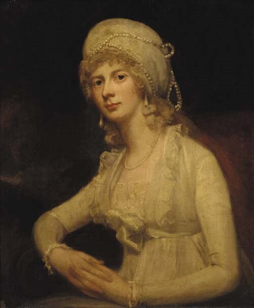 Portrait of a lady in a white dress and white pearl-trimmed cap, 1800, George Romney