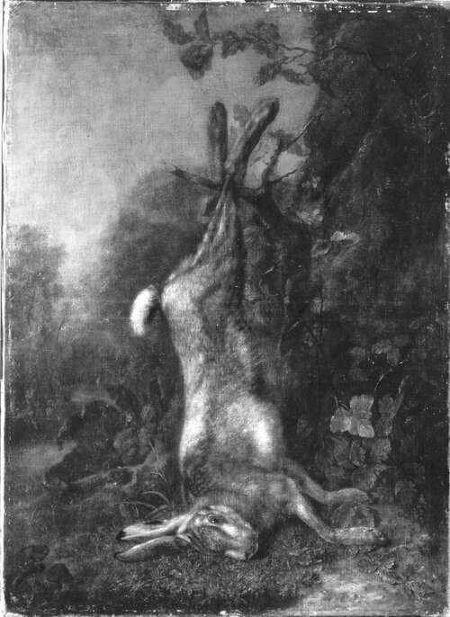Jagdbeutestillleben mit einem Hasen, 1749, Daniel Hien