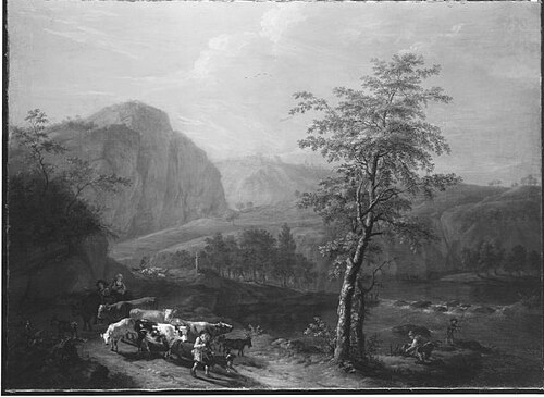 Gebirgslandschaft mit Vieh und Hirten, 1749, Daniel Hien