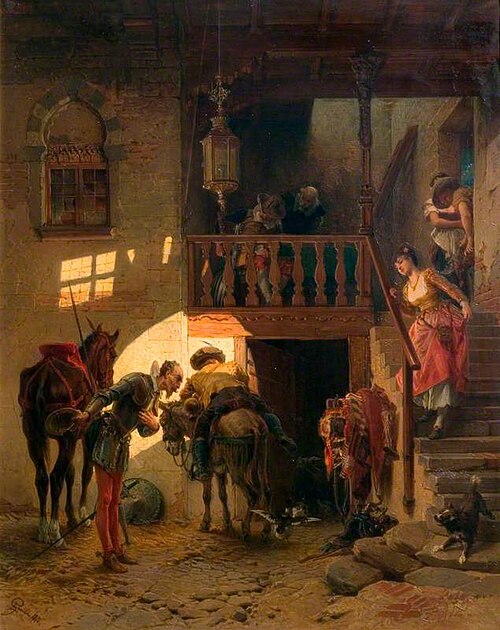 Don Quixote at the Inn (from Cervantes' novel), 1876, Enrico Gamba