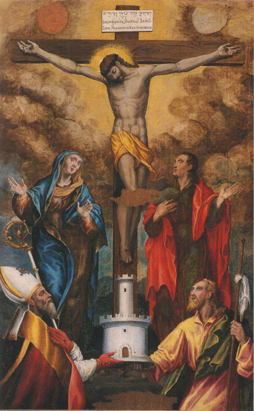 Cristo crocifisso fra la Vergine e i santi Giovanni Evangelista, Medardo e Giacomo, 1587, Ercole Ramazzani