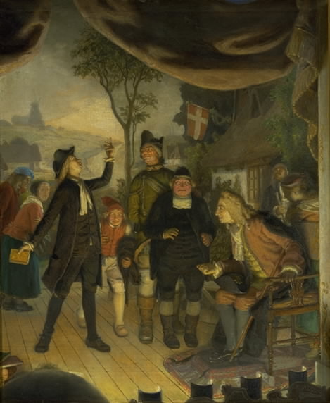 Ludvig Holberg Attending a Rehearsal of his Play Erasmus Montanus, Act IV, Scene 2, 1888, Lorenz Frølich