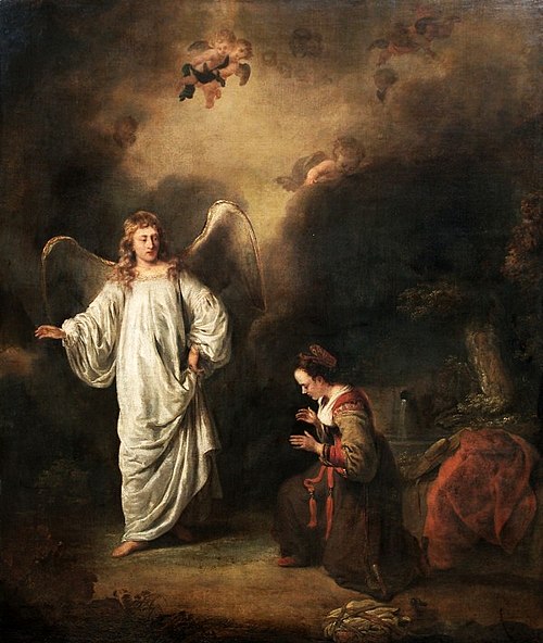 Hagar meeting the angel in the desert., 1650, Ferdinand Bol