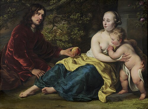 Portrait of Wigbold Slicher and Elisabeth Spiegel as Paris handing Venus the Apple, 1656, Ferdinand Bol