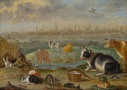 Ansichten aus den vier Weltteilen mit Szenen von Tieren: Amsterdam, , Ferdinand van Kessel the Elder