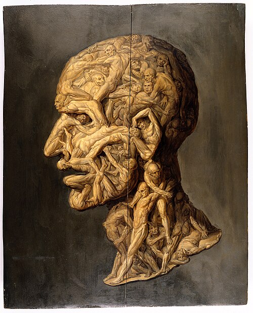 Head of a man, composed of nude figures., , Filippo Balbi