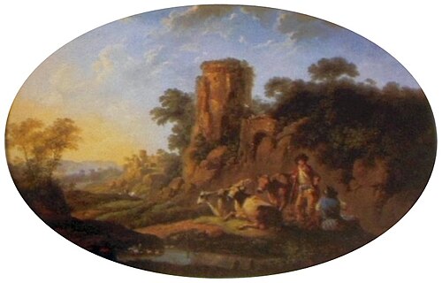 Shepherds by a river with a romantic ruin., 1765, Jean Pillement