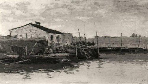 Veduta di una laguna con casa e barche, 1887, Francesco Filippini