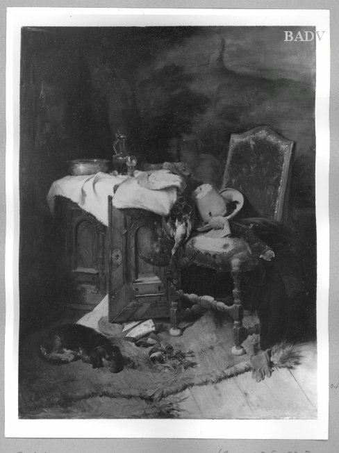 Still - life with hunting equipment and dog, 1874, Ludwig Eibl