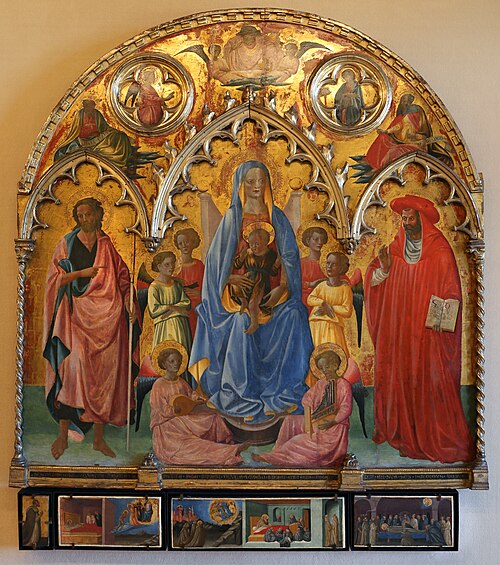 La Vierge et l'Enfant entre saint Jean Baptiste et saint Jérôme. Au-dessus : Dieu le Père. L'Annonci, 1430, Francesco di Antonio di Bartol