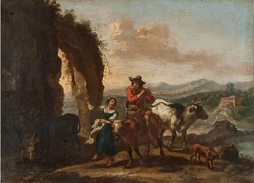 Italian landscape with shepherds and ruins, 1665, Frans Geffels