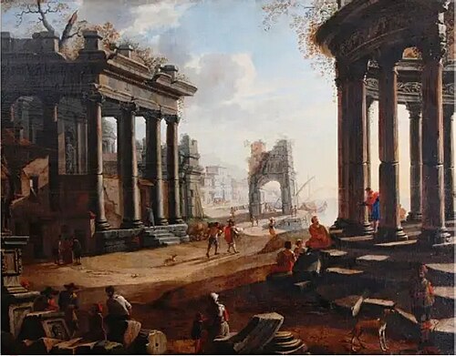 Harbour with ancient architecture, 1662, Frans Geffels