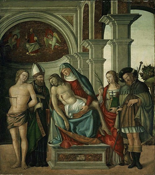 Virgin Holding the Dead Christ, with Saints Sebastian, Blaise, Margaret and James the Great, 1513, Gaspare Negro