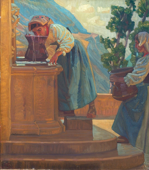 Two young women at a fountain, 1913, Knud Sinding