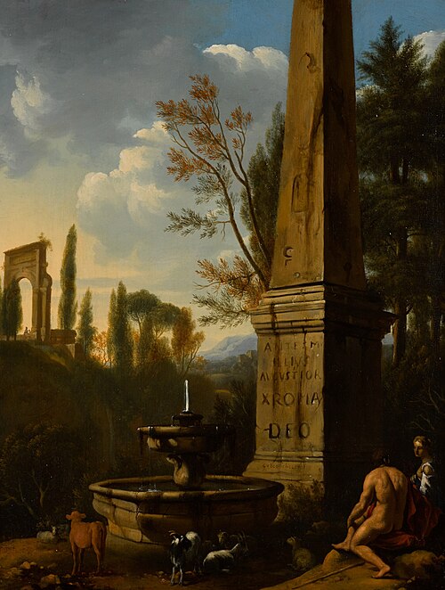 A classical landscape with a woman and shepherd sitting next to an obelisk and fountain, 1662, Gerrit van Bronckhorst
