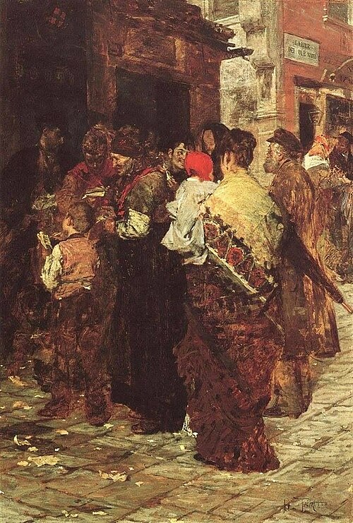 The drawing of lottery numbers, 1880, Giacomo Favretto