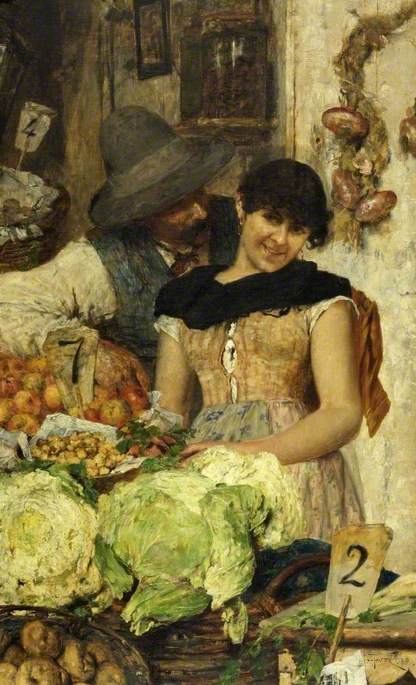 A Venetian Vegetable Stall, Courtship, 1886, Giacomo Favretto