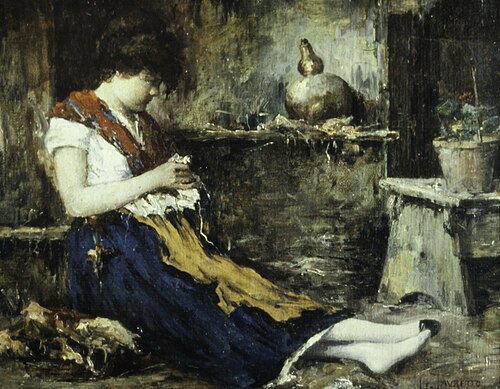 Seated woman, sewing, 1879, Giacomo Favretto