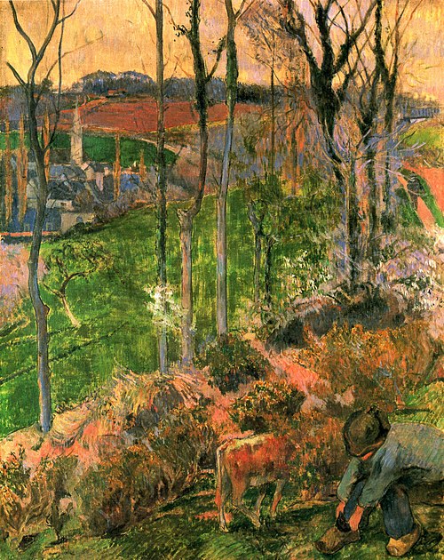 Fin d'hiver à Pont-Aven, Breton et veau; ou Petit Breton arrangeant son sabot, 1888, Paul Gauguin