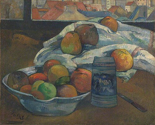 Bowl of Fruit and Tankard before a Window, 1890, Paul Gauguin