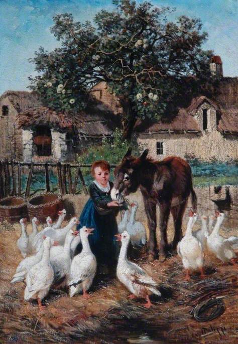 A Child Feeding a Donkey in a Farmyard, , Giuseppe Palizzi
