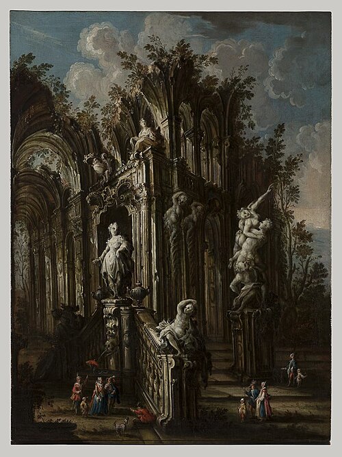 Fantaisie d'architecture en ruine avec l'enlèvement des Sabines, 1730, Giuseppe Poli